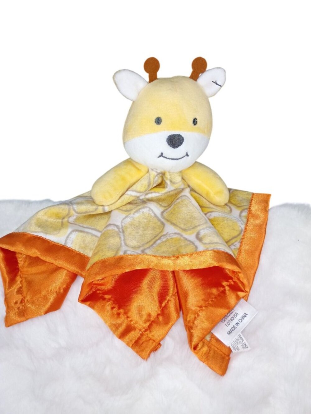 Yellow Giraffe Baby Lovey Blanket Plush Toy With Orange Satin Trim Giraffe Print